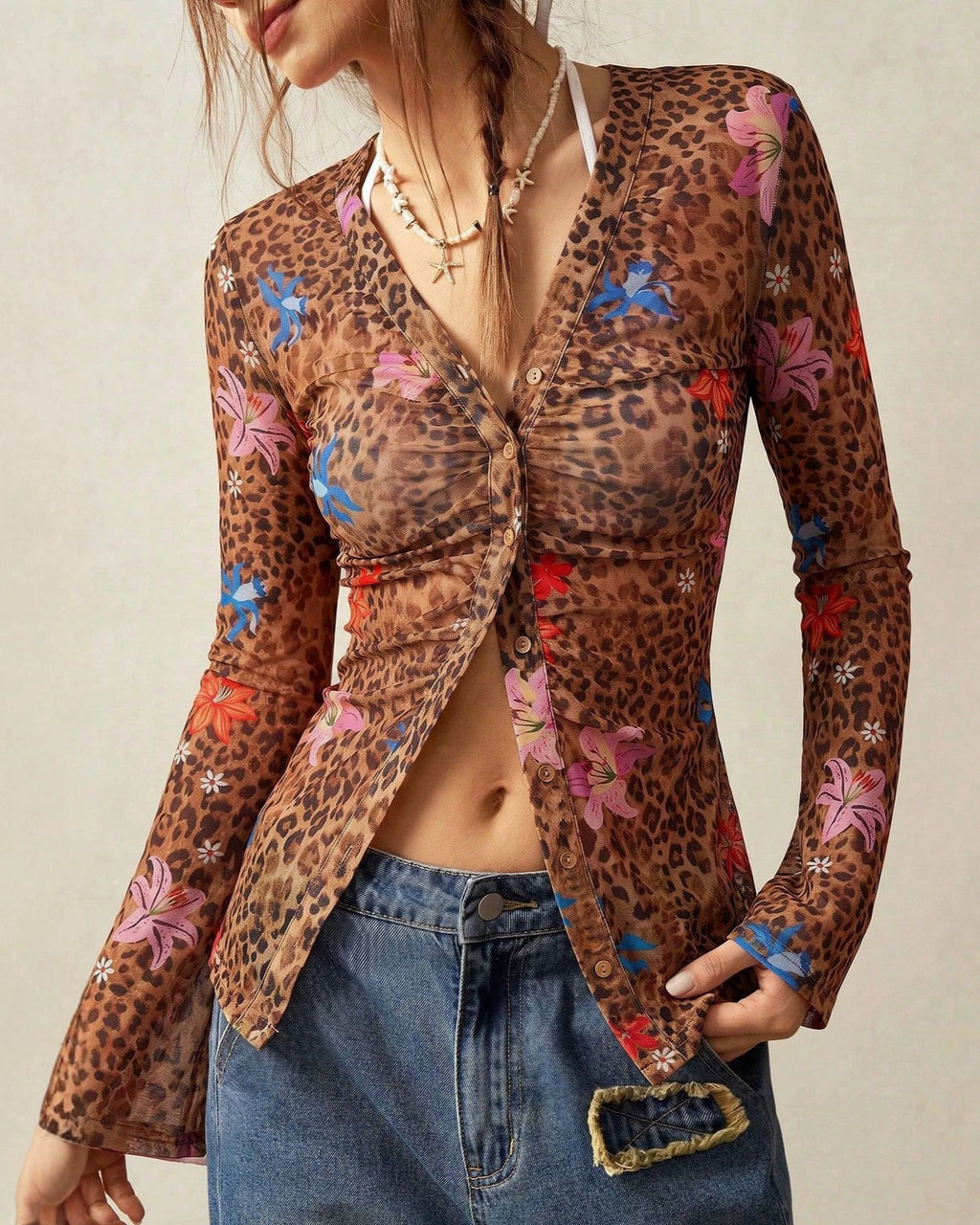 Boho Animal Print Mesh Ruched Blouse - Brown