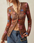 Boho Animal Print Mesh Ruched Blouse - Brown