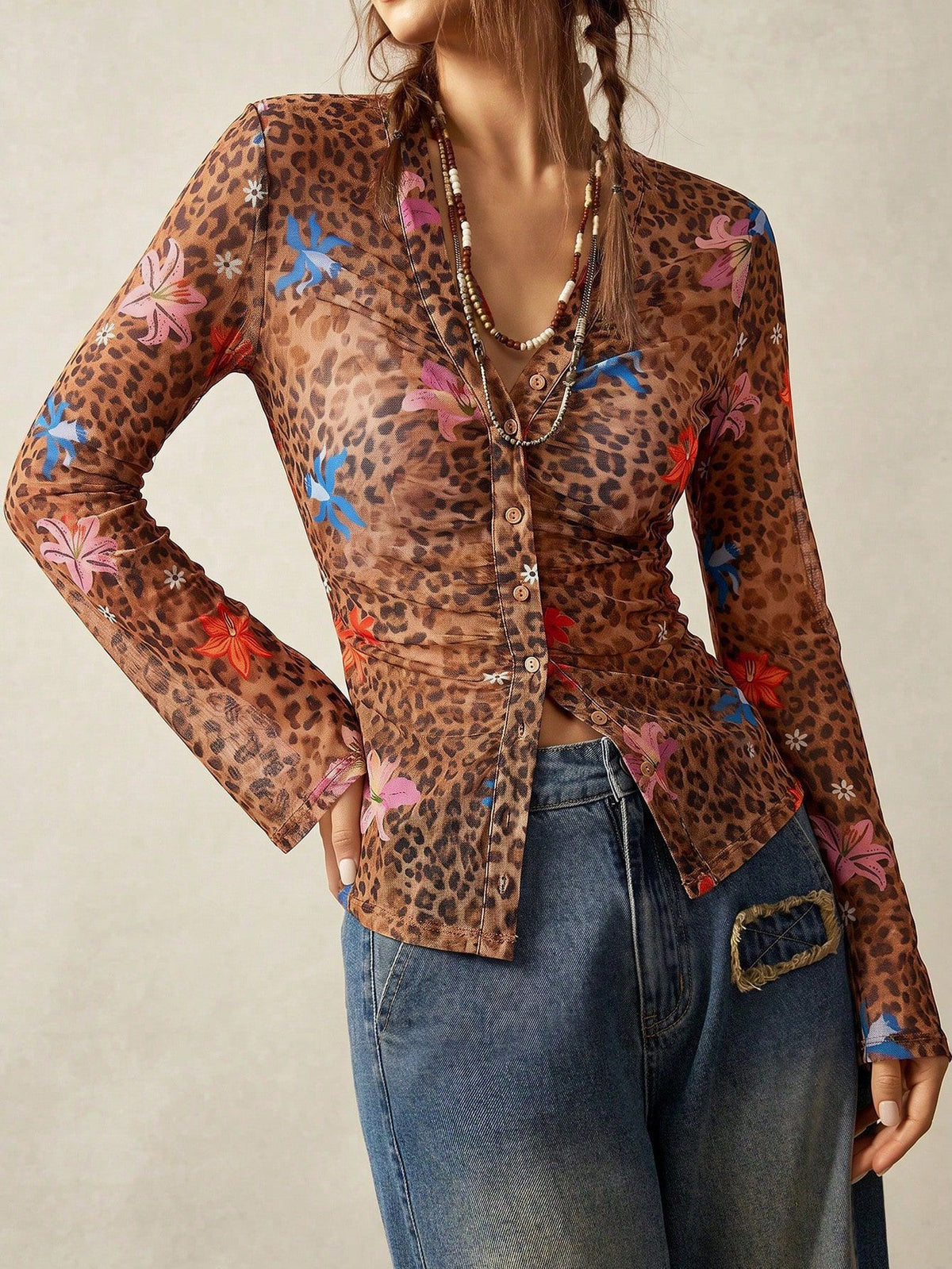 Boho Animal Print Mesh Ruched Blouse - Brown - 1