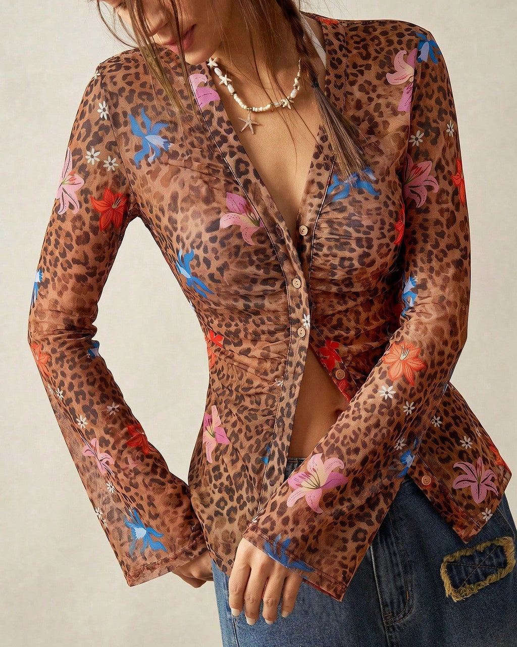 Boho Animal Print Mesh Ruched Blouse - Brown - 2