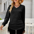 V Neck Ruched Side Drawstring Knit Top - Black