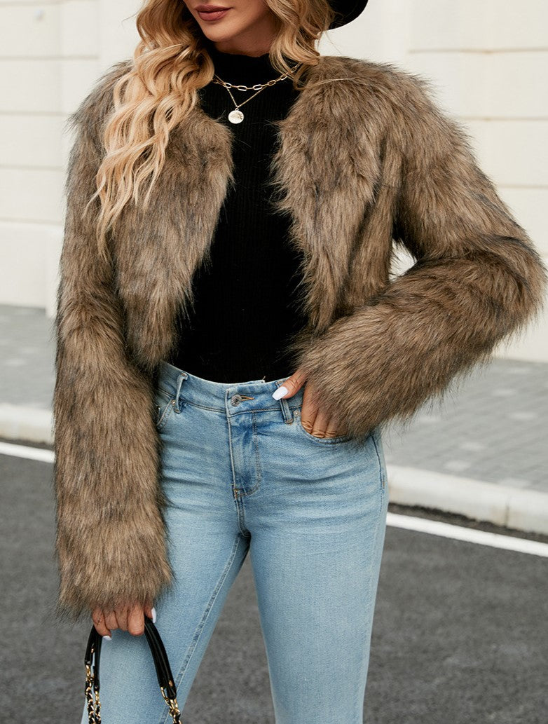 Collarless Cropped Faux Fur Bolero Coat - Brown