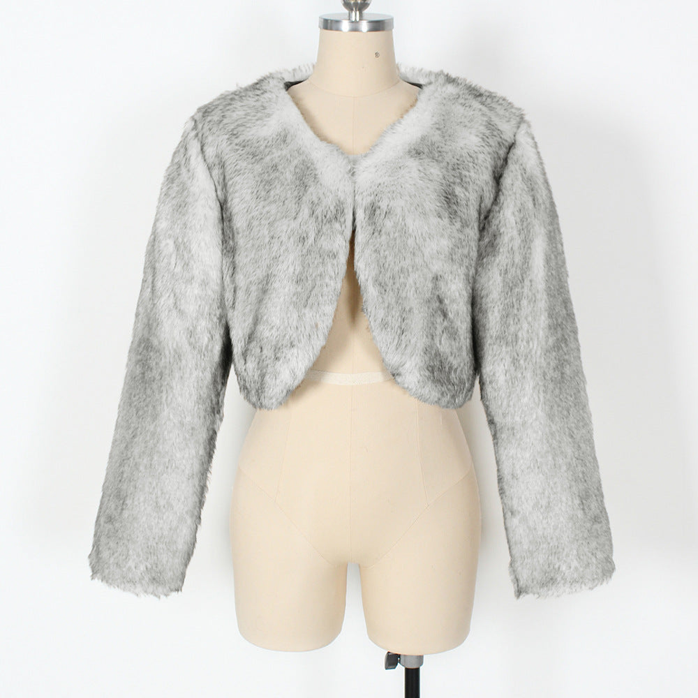 Collarless Cropped Faux Fur Bolero Coat - White