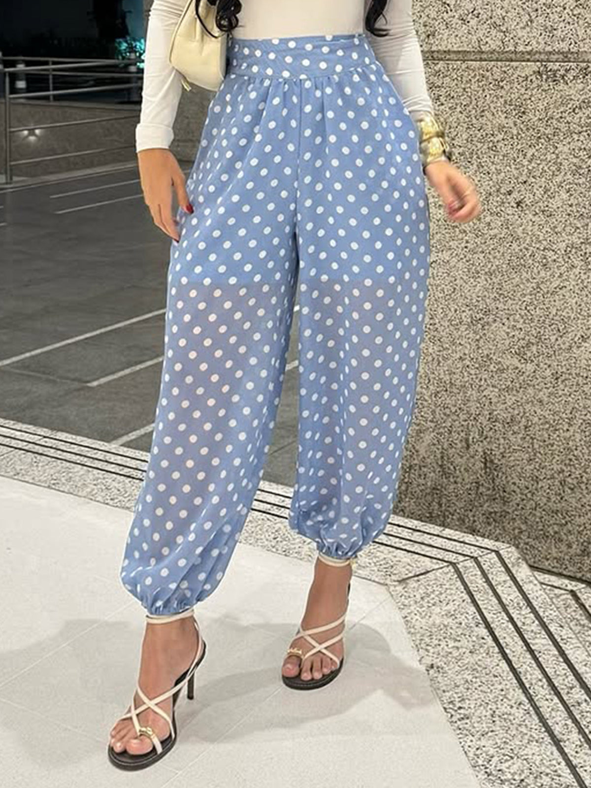Polka Dot Sheer Lantern Hem Pants - Blue