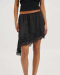 Lace Trim Handkerchief Hem Satin Skirt - Black