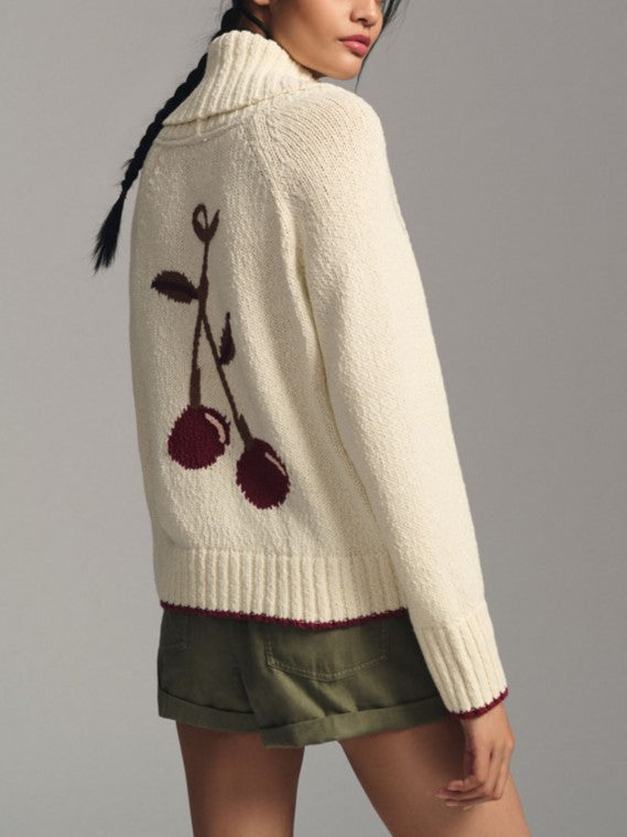 Cherry Embroidered Shawl Collar Knit Cardigan - Offwhite