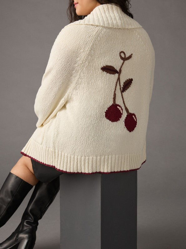Cherry Embroidered Shawl Collar Knit Cardigan - Offwhite - 1
