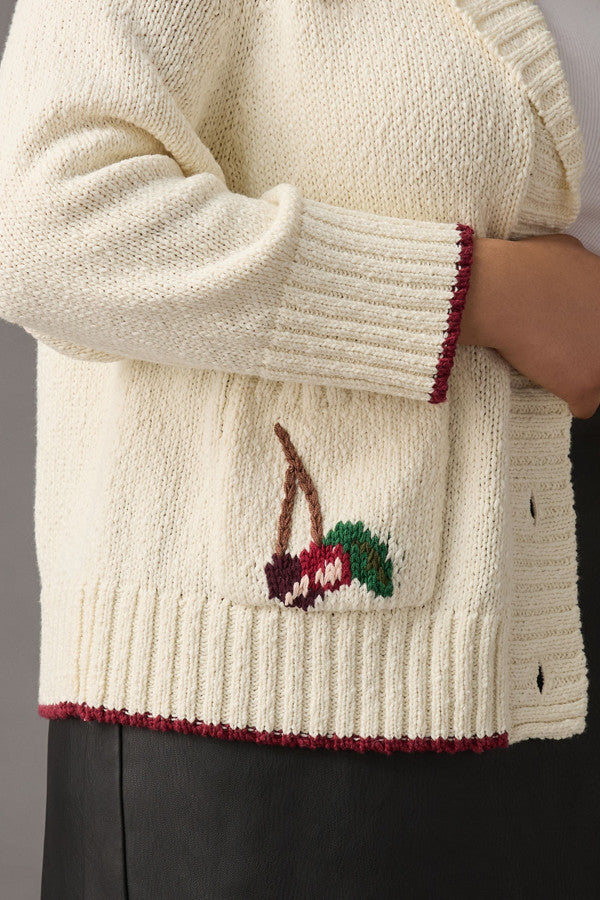 Cherry Embroidered Shawl Collar Knit Cardigan - Offwhite - 2