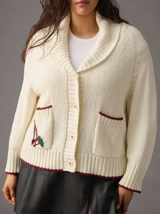 Cherry Embroidered Shawl Collar Knit Cardigan - Offwhite - 3