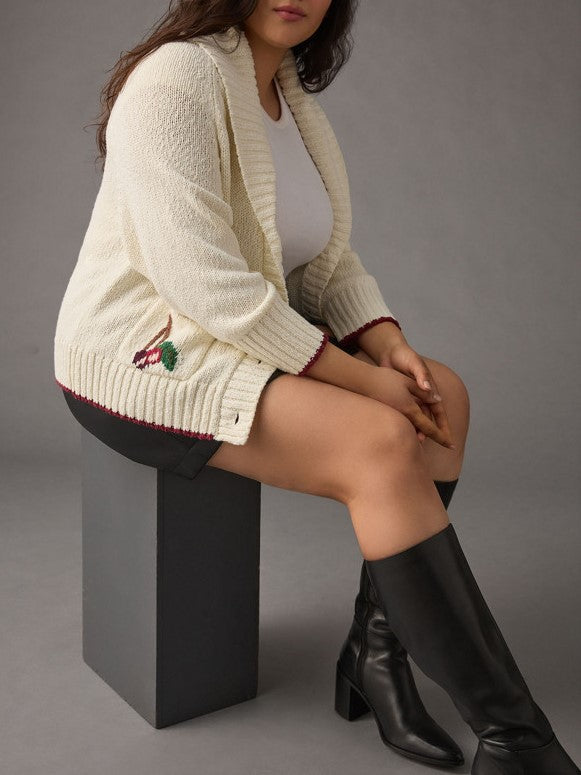 Cherry Embroidered Shawl Collar Knit Cardigan - Offwhite - 4