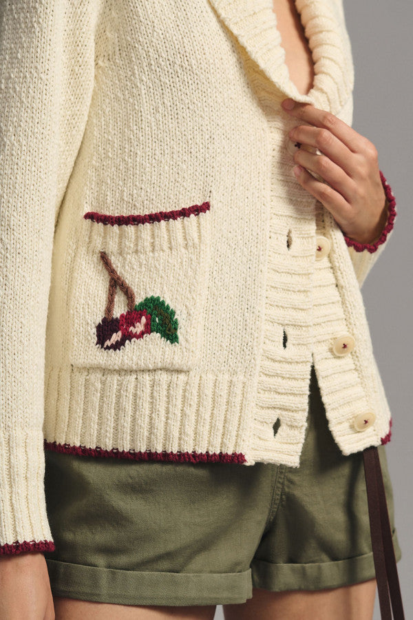 Cherry Embroidered Shawl Collar Knit Cardigan - Offwhite - 6