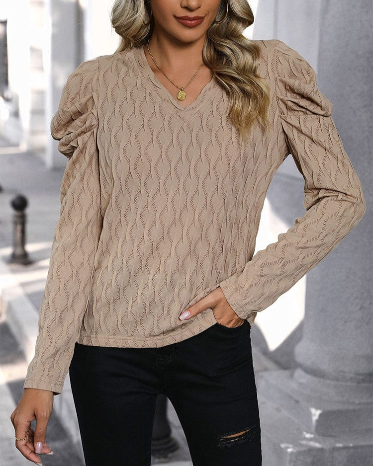 Textured Puff Shoulder Long Sleeve T-Shirt - Khaki