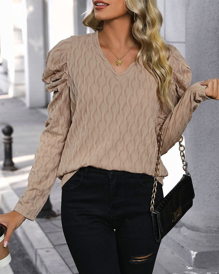 Textured Puff Shoulder Long Sleeve T-Shirt - Khaki - 1