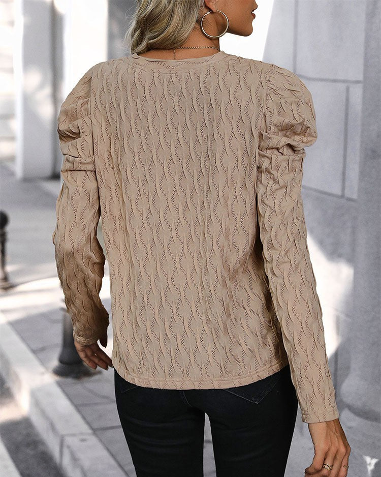 Textured Puff Shoulder Long Sleeve T-Shirt - Khaki - 3