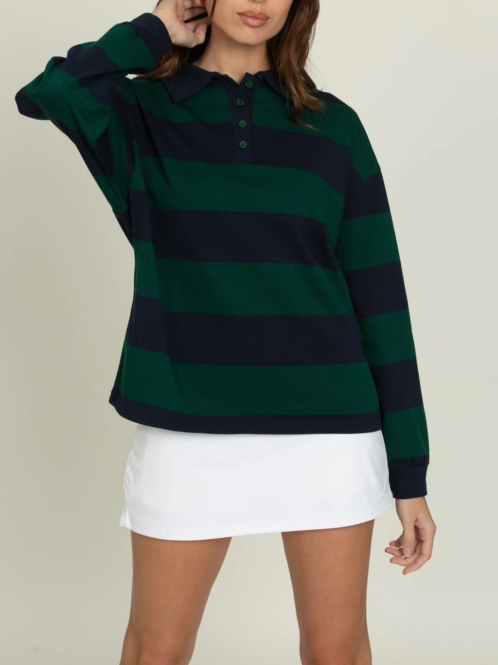 Striped Rugby Polo Long Sleeve Top - Forest - 1