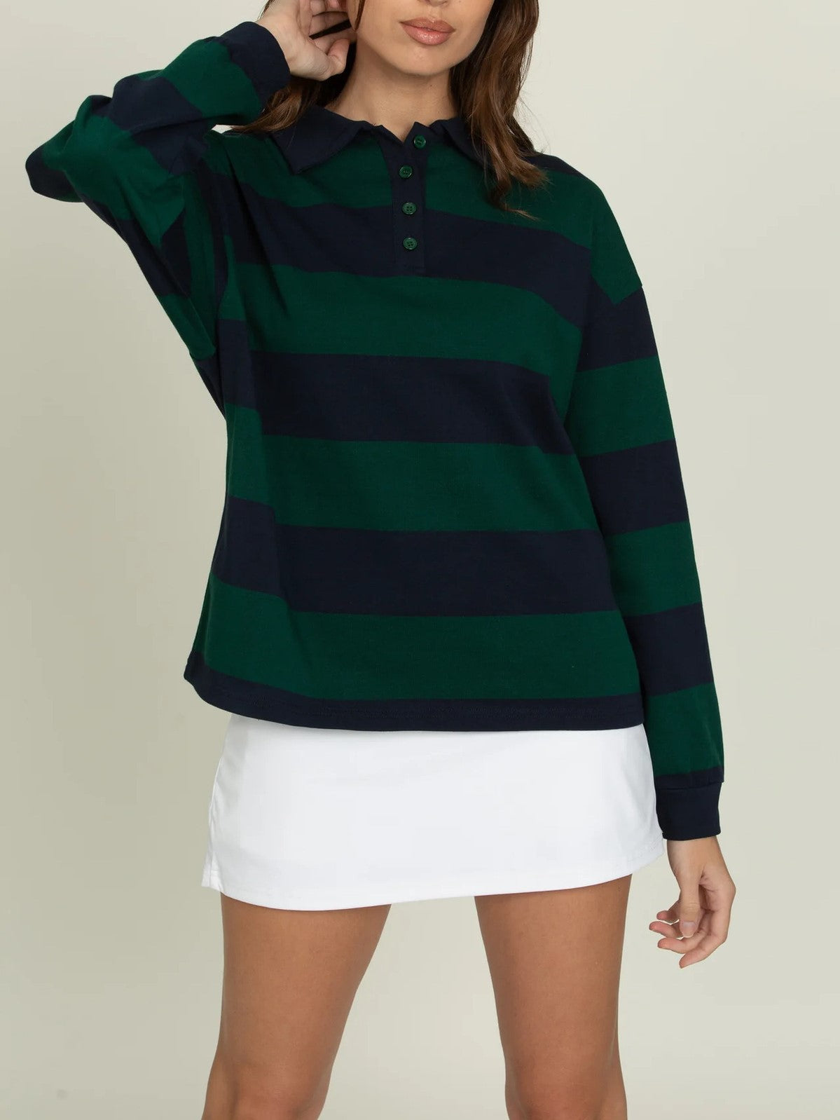 Striped Rugby Polo Long Sleeve Top - Forest - 1