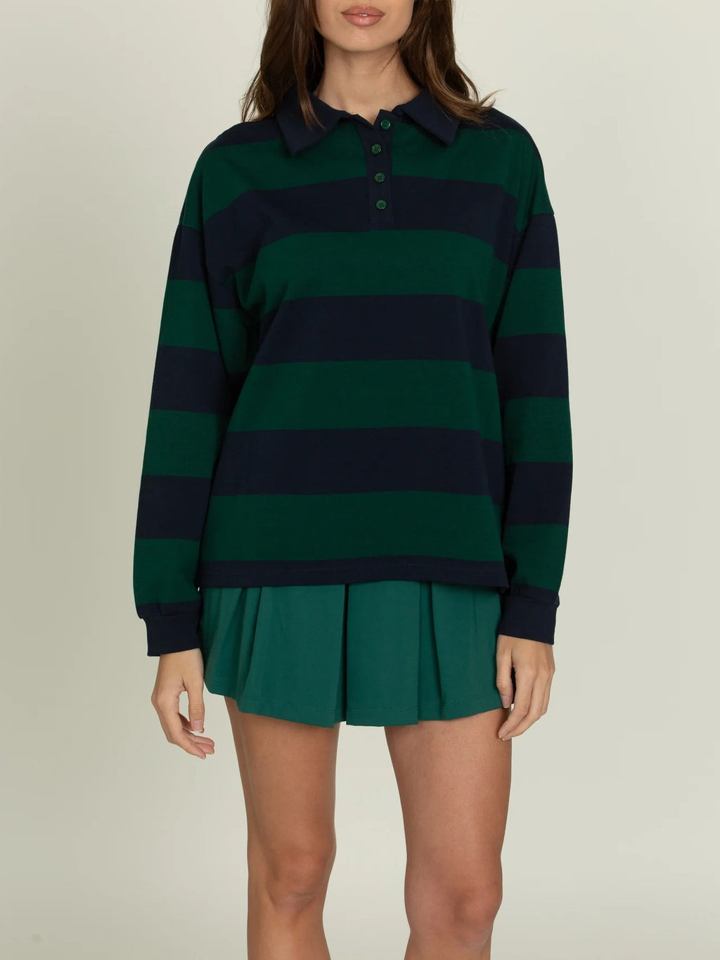 Striped Rugby Polo Long Sleeve Top - Forest - 2