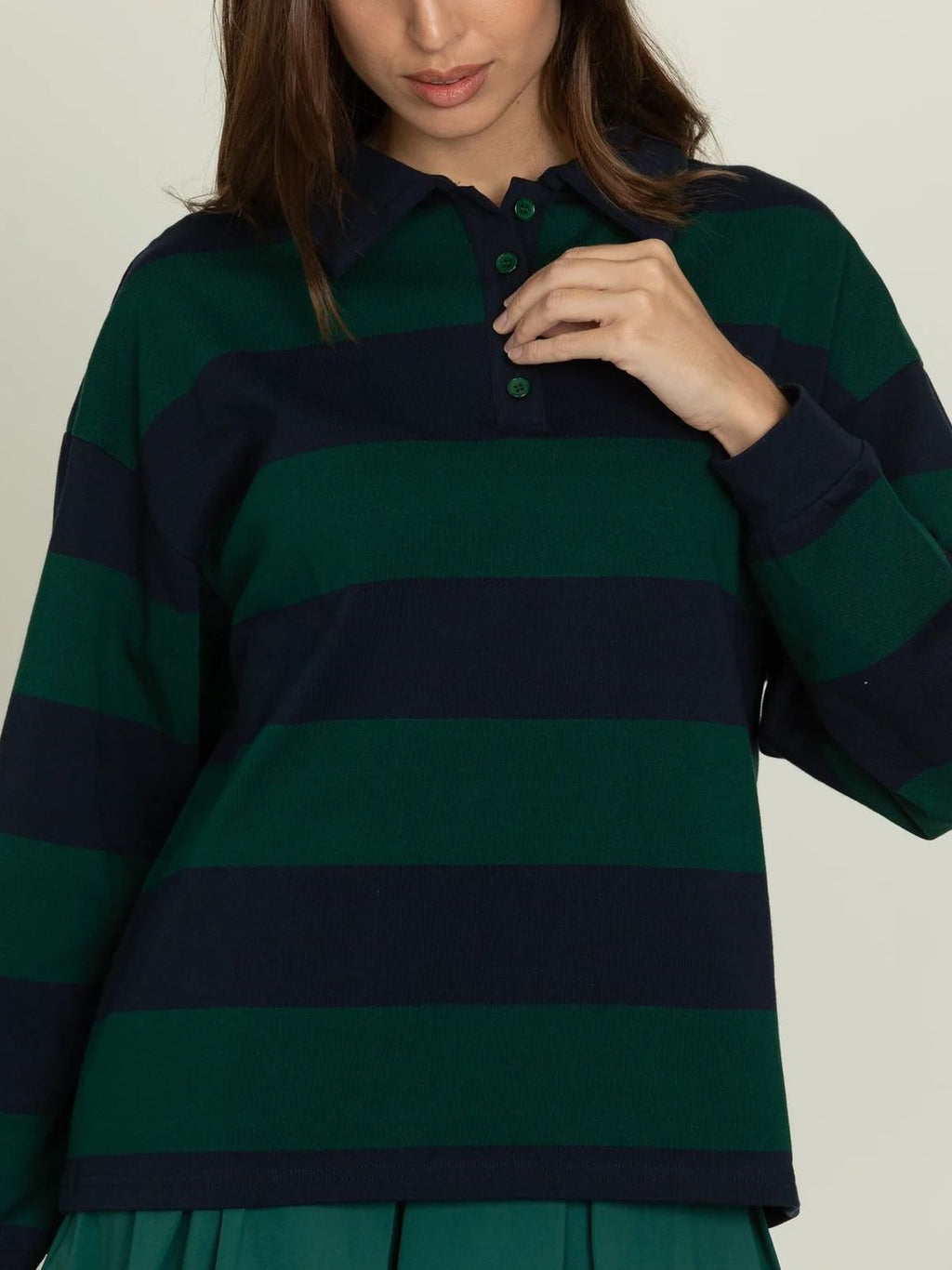 Striped Rugby Polo Long Sleeve Top - Forest - 3