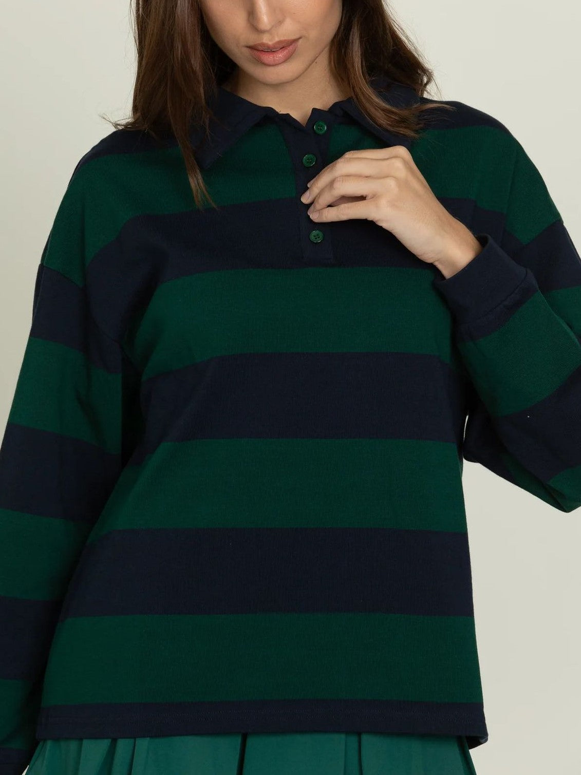Striped Rugby Polo Long Sleeve Top - Forest - 3