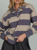 Striped Rugby Polo Long Sleeve Top - Purple