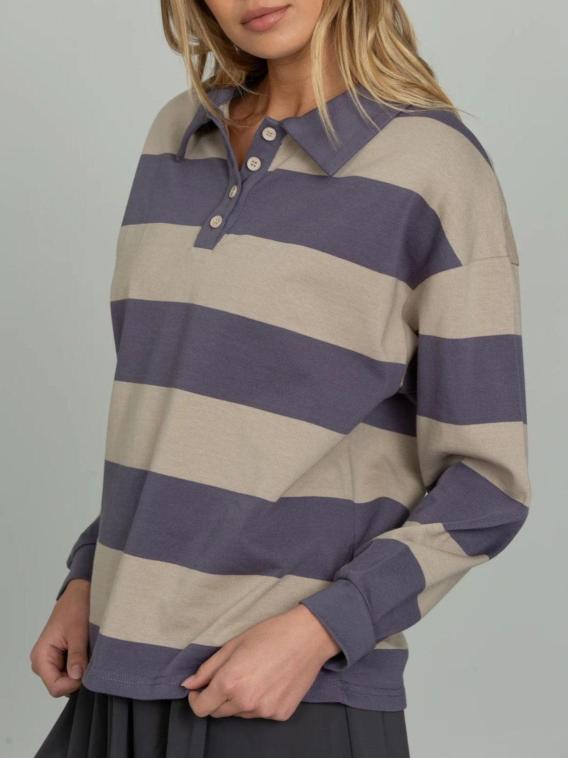 Striped Rugby Polo Long Sleeve Top - Purple - 1