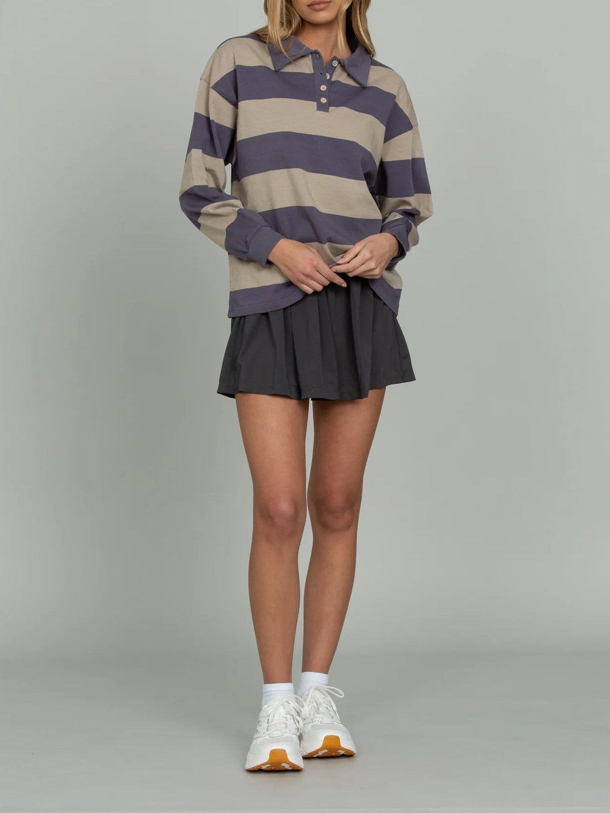 Striped Rugby Polo Long Sleeve Top - Purple - 4