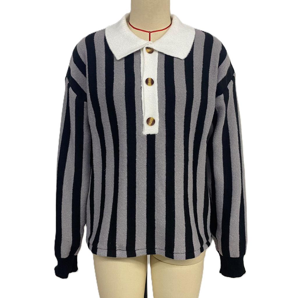 Striped Collared Polo Knit Sweater - Darkgrey