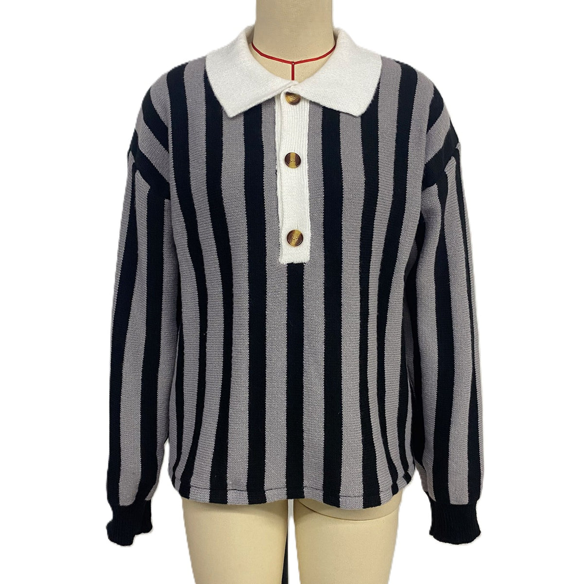 Striped Collared Polo Knit Sweater - Darkgrey
