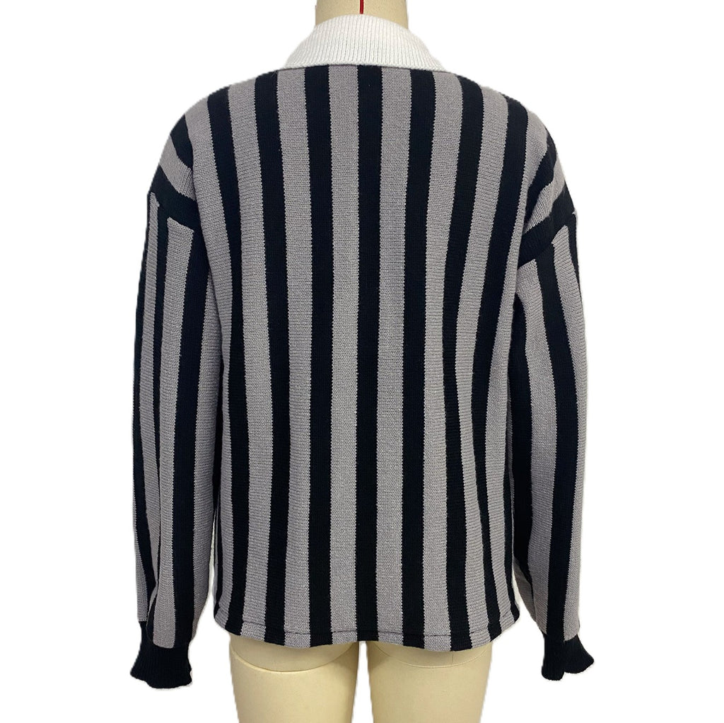 Striped Collared Polo Knit Sweater - Darkgrey - 1