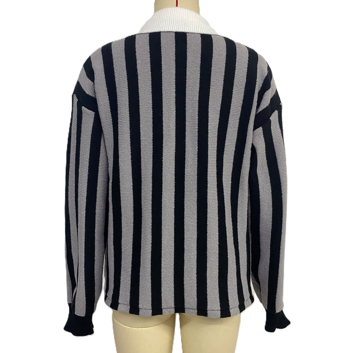 Striped Collared Polo Knit Sweater - Darkgrey - 1