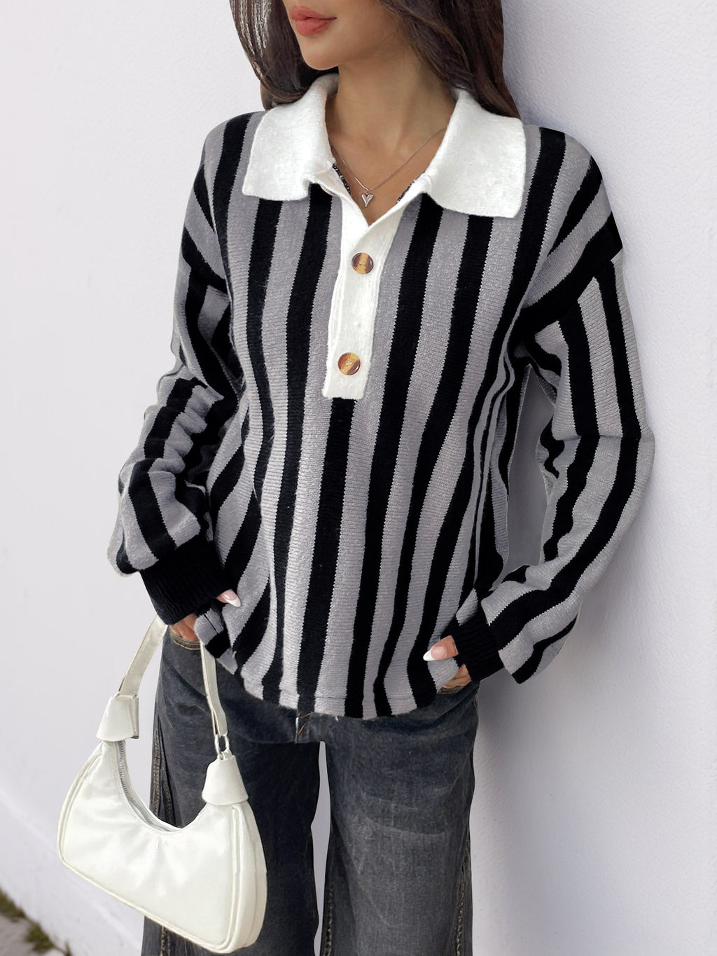 Striped Collared Polo Knit Sweater - Darkgrey - 2
