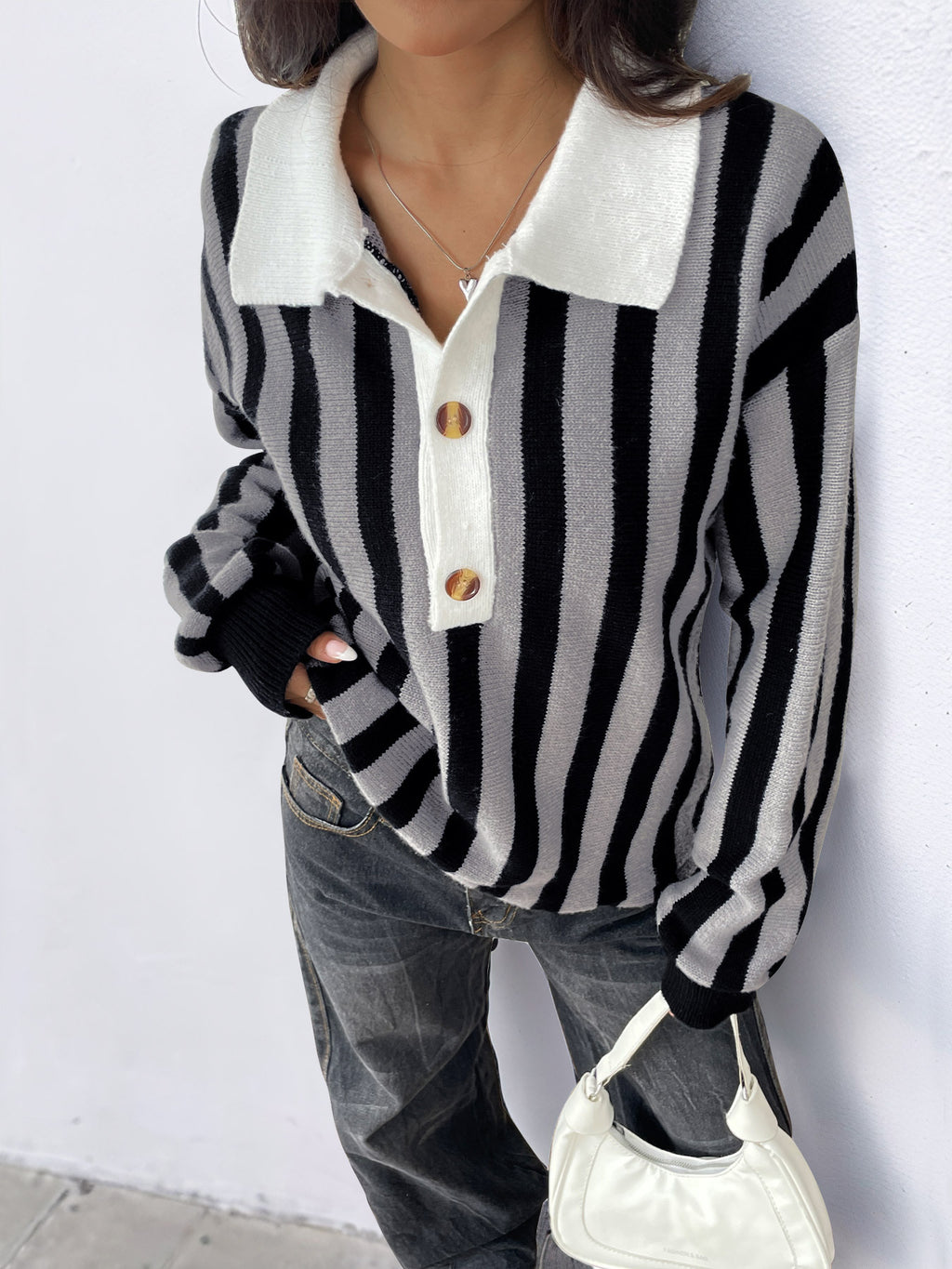 Striped Collared Polo Knit Sweater - Darkgrey - 3