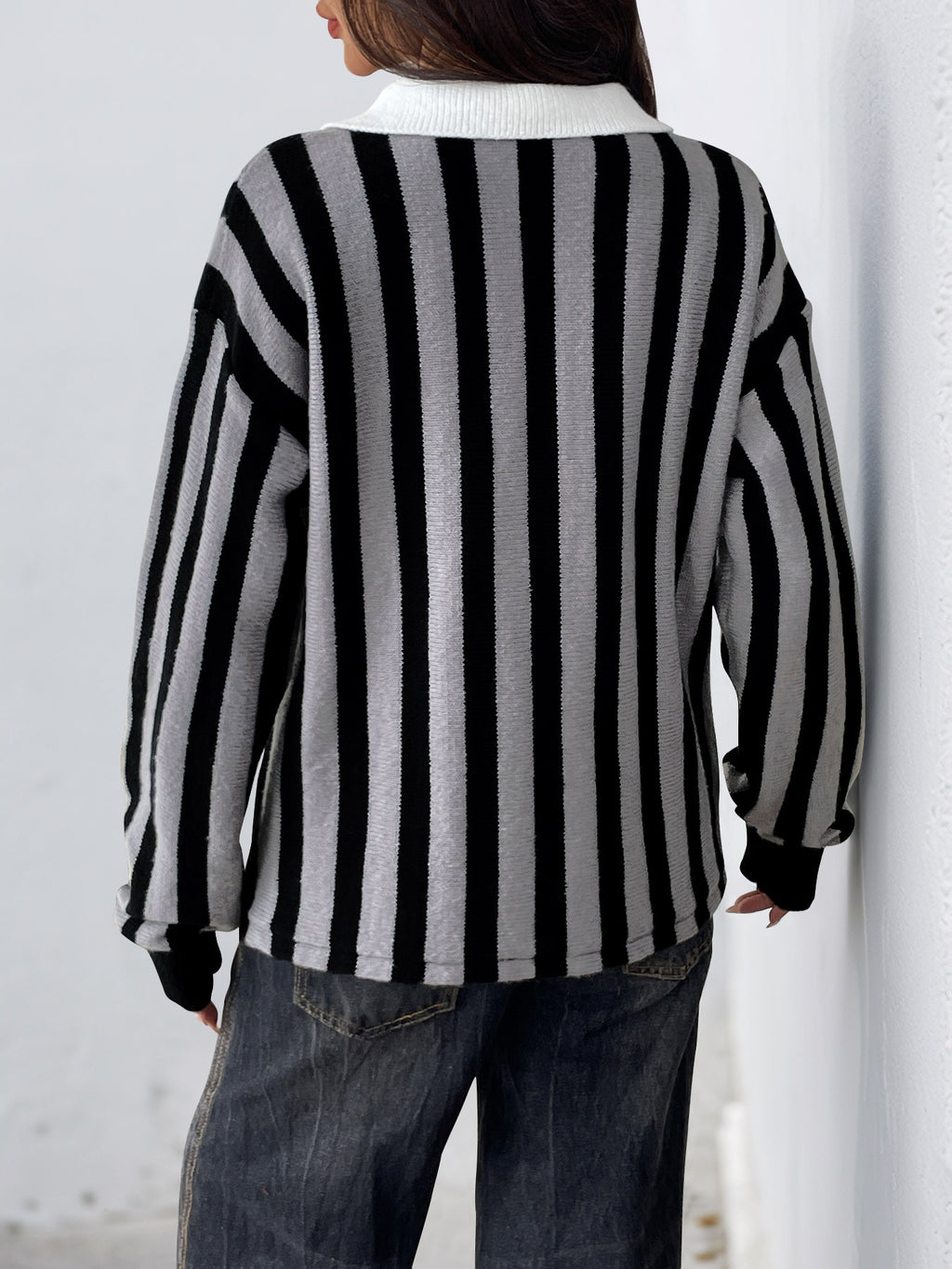 Striped Collared Polo Knit Sweater - Darkgrey - 4