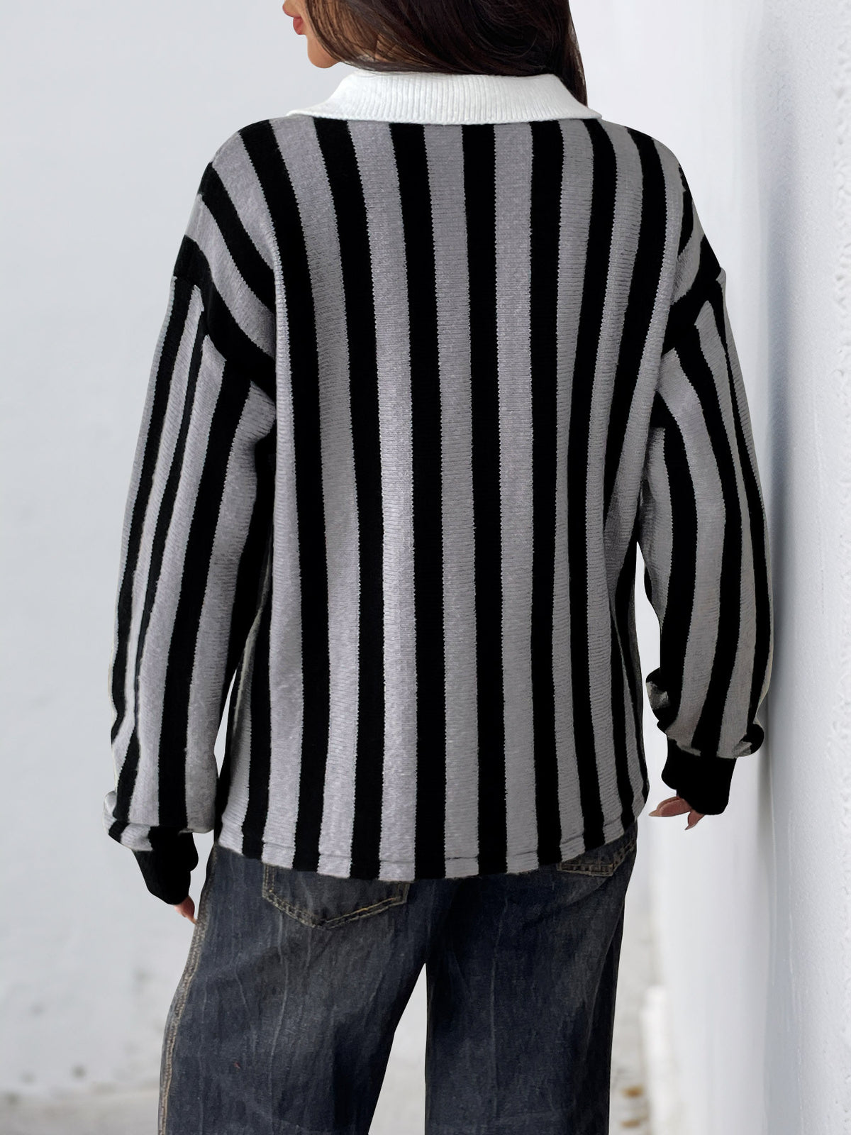 Striped Collared Polo Knit Sweater - Darkgrey - 4