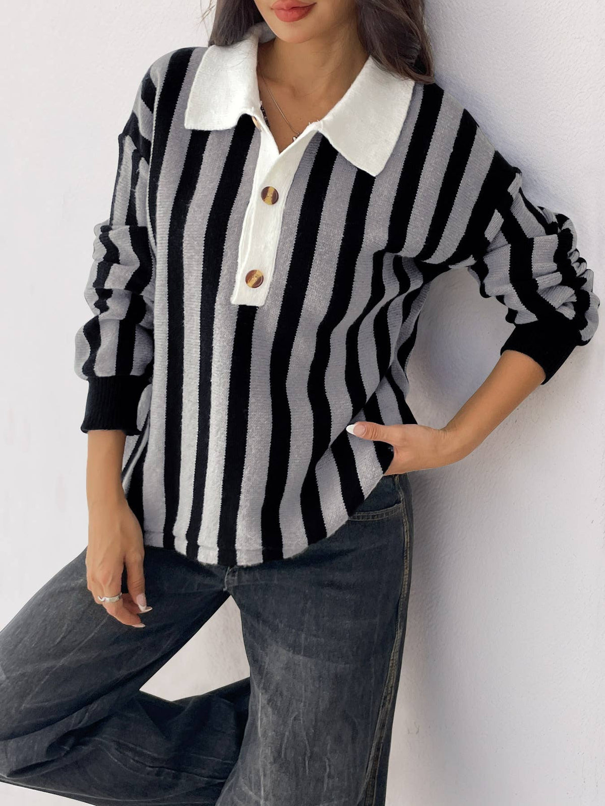 Striped Collared Polo Knit Sweater