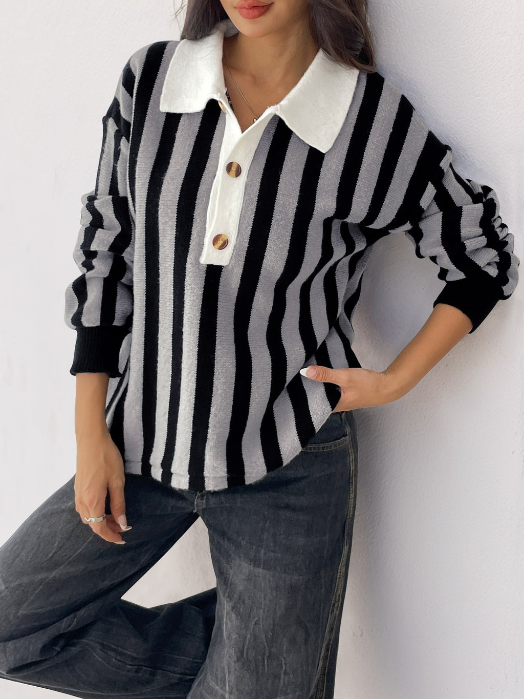 Striped Collared Polo Knit Sweater - view 1