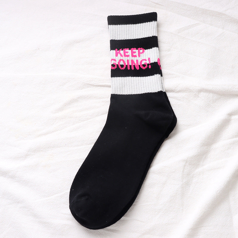 Slogan Striped Ribbed Crew Socks - Black - 1