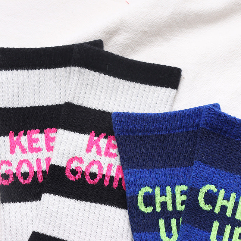 Slogan Striped Ribbed Crew Socks - Black - 3