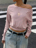 Striped Boat Neck Cropped Long Sleeve Blouse - Pink