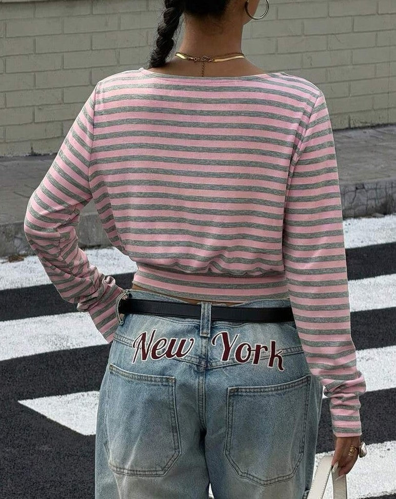Striped Boat Neck Cropped Long Sleeve Blouse - Pink - 2