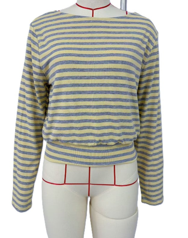Striped Boat Neck Cropped Long Sleeve Blouse - Yellow