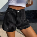 Rhinestone Stripe High Waist Denim Shorts - Black
