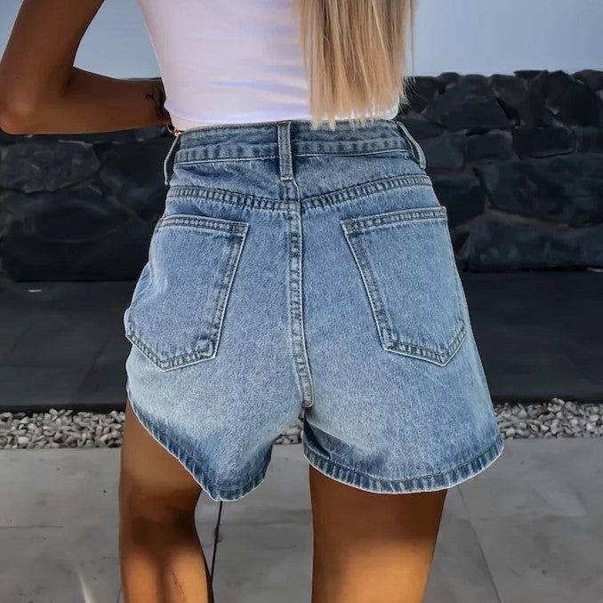 Rhinestone Stripe High Waist Denim Shorts - Blue - 1