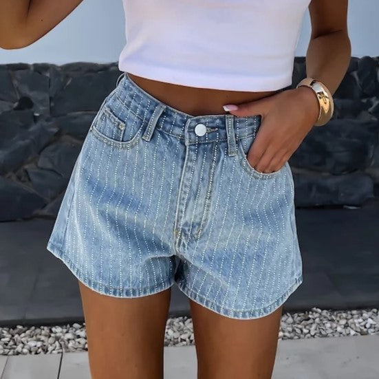 Rhinestone Stripe High Waist Denim Shorts