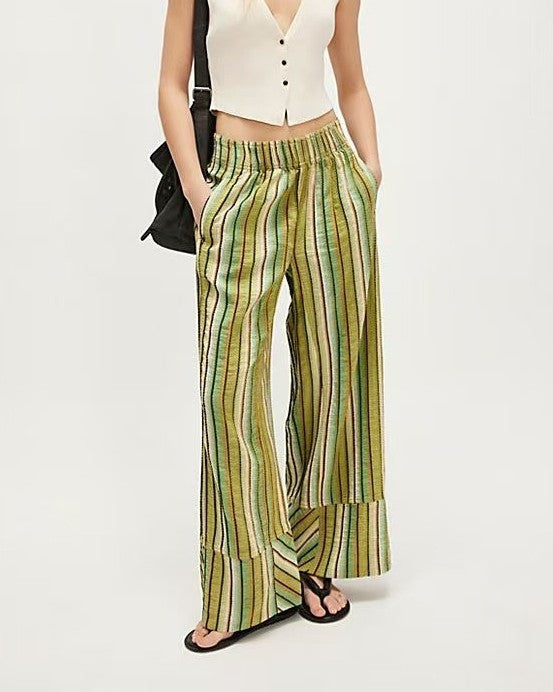 Striped Elastic Waist Wide Leg Beach Pants - Green - 1