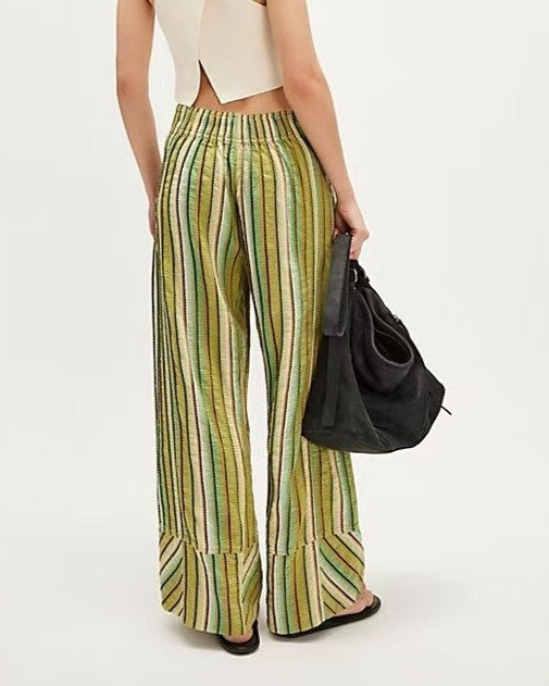 Striped Elastic Waist Wide Leg Beach Pants - Green - 2