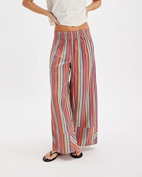 Striped Elastic Waist Wide Leg Beach Pants - Pink