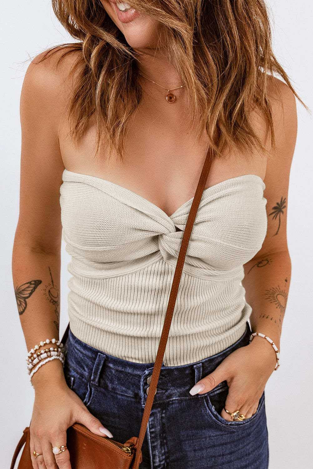 Twist Front Ribbed Bandeau Tube Top - Apricot