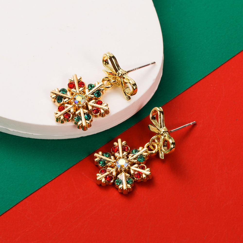 Rhinestone Snowflake Bow Drop Earrings - Snowflake