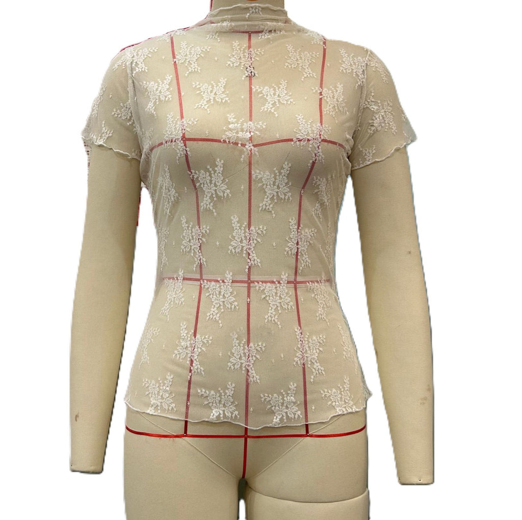 Sheer Floral Lace Mock Neck Tee - Beige